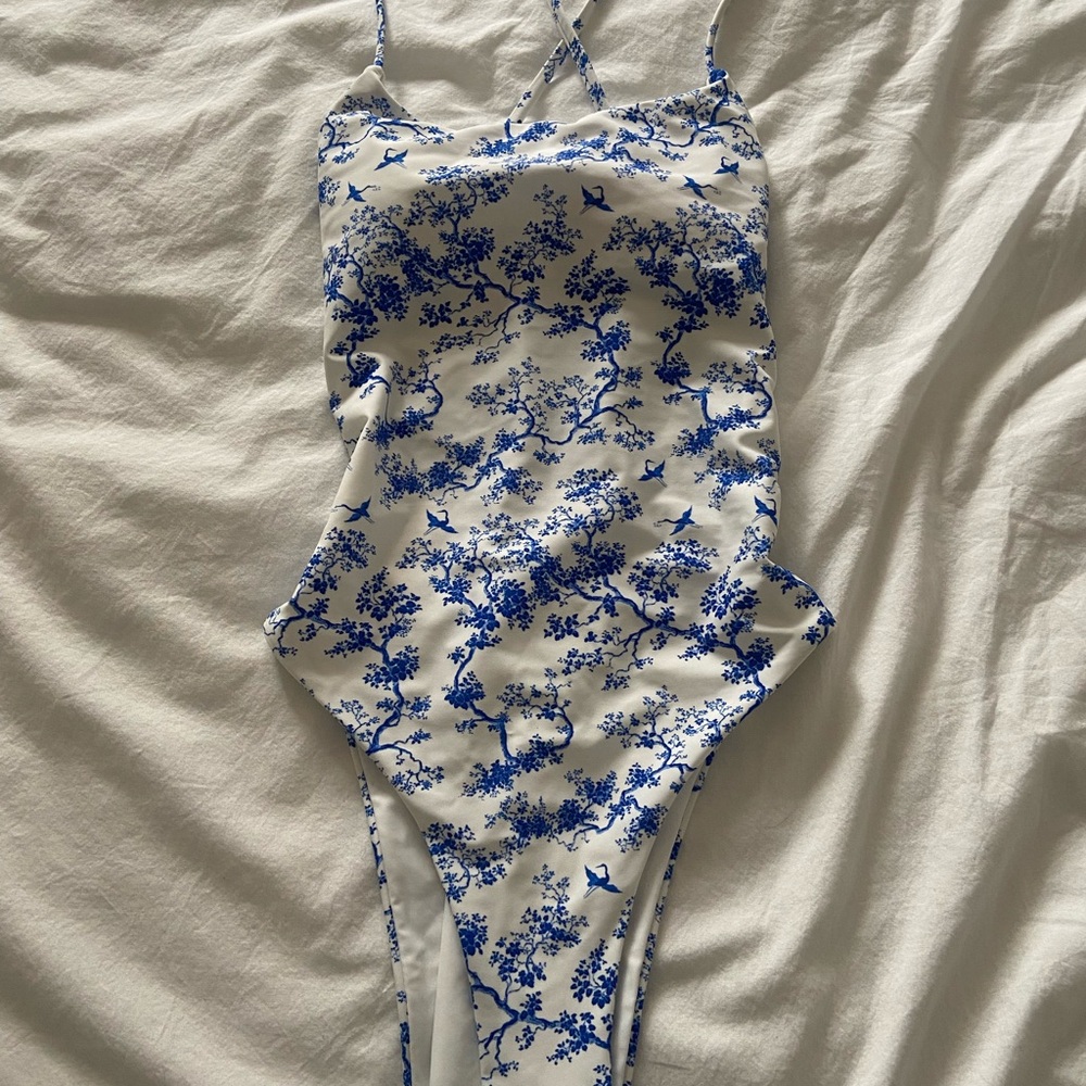 Blue and White Floral One-Piece Swimsuit